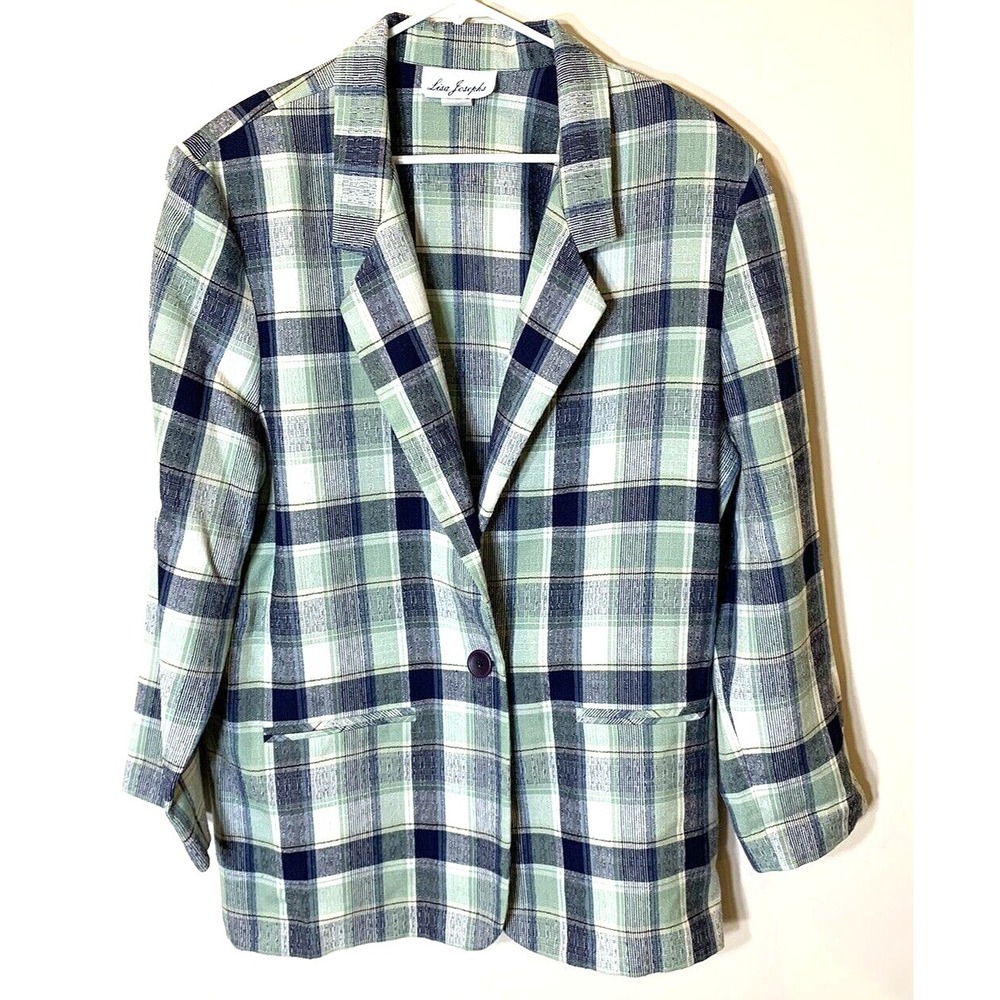 Lisa Josephs Blazer Womens XL Plaid Oversized Shoulder Pads 80s Blue Green VINTG